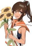  1girl bangs brown_eyes brown_hair commentary_request flower highres holding holding_flower i-401_(kantai_collection) kantai_collection long_hair mizuki_eiru_(akagi_kurage) open_mouth orange_sailor_collar ponytail sailor_collar simple_background sketch solo sunflower swimsuit swimsuit_under_clothes twitter_username white_background 