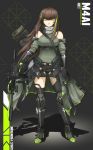  1girl assault_rifle breasts brown_hair character_name clip_studio_paint_(medium) clothes_around_waist copyright_name determined dress english_commentary full_body girls_frontline gloves green_shirt green_sweater grey_background gun high_heels highres jacket jacket_around_waist long_hair looking_at_viewer m4_carbine m4a1_(girls_frontline) medium_breasts mod3_(girls_frontline) mosaic_background multicolored_hair rifle scarf shirt signature solo strapless strapless_dress sweater two-tone_hair underbust warfakaid weapon yellow_eyes 