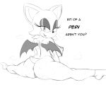  2020 5:4 anthro anus artbymadara bedroom_eyes big_breasts big_butt breasts butt chiropteran dialogue english_text female flexible genitals greyscale hi_res looking_at_viewer mammal monochrome narrowed_eyes nipples nude pussy rear_view rouge_the_bat seductive simple_background smile solo sonic_the_hedgehog_(series) splits spread_legs spreading talking_to_viewer text white_background 