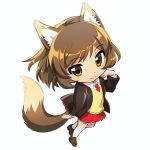  1girl animal_ears bangs black_jacket blazer brown_footwear brown_hair chibi closed_mouth collared_shirt commentary_request eyebrows_visible_through_hair fox_ears fox_tail full_body hand_up hotaru_iori jacket kemonomimi_mode looking_at_viewer necktie open_clothes open_jacket pleated_skirt red_neckwear red_skirt sasaki_(suzumiya_haruhi) school_uniform shirt shoes simple_background skirt smile socks solo suzumiya_haruhi_no_yuuutsu sweater tail white_background white_legwear white_shirt yellow_sweater 