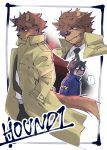  anthro canid canine canis clothing coat detective domestic_dog duo english_text kyur4_th_ich male mammal police police_uniform scar smile smirk teeth text topwear trenchcoat uniform 