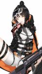  1girl artist_name belt black_hair black_jacket bodysuit bottle breasts caws_(girls_frontline) cola eyebrows_visible_through_hair eyewear_on_head girls_frontline gloves gun hair_bun hair_ornament highres holding holding_bottle hood hooded_jacket jacket looking_at_viewer mechanical_arm medium_breasts medium_hair rifle sakippo_(sakippo0) sitting sitting_on_floor solo spread_legs tongue tongue_out weapon white_background white_bodysuit yellow_eyes 