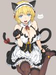  1girl animal_ears apron arm_support bangs bare_shoulders black_footwear black_gloves black_legwear blonde_hair blue_eyes bow breasts brown_legwear cat_ears cat_girl cat_tail character_request cleavage collarbone commentary detached_collar dress eyebrows_visible_through_hair frilled_apron frills gloves grey_background haimura_kiyotaka half_gloves highres large_breasts looking_at_viewer maid maid_apron maid_headdress medium_hair open_mouth paw_pose red_ribbon ribbon shoes short_sleeves simple_background sitting skirt solo speech_bubble symbol_commentary tail tail_bow tail_ribbon thighhighs waist_apron wariza white_apron zettai_ryouiki 
