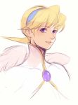  1girl angel_wings artist_request blonde_hair breath_of_fire breath_of_fire_iv brooch closed_mouth hairband highres jewelry looking_at_viewer nina_(breath_of_fire_iv) purple_eyes short_hair simple_background solo very_short_hair wings 