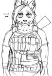  anthro breasts bulletproof_vest canid canine canis cigarette clothed clothing english_text eyewear female glasses gloves gun hair handwear hi_res mammal monochrome open_mouth ranged_weapon rifle simple_background smile solo text weapon white_background wolf zi0808 