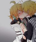  2boys ahoge black_gloves blonde_hair blush closed_mouth commentary fingerless_gloves gloves hands_on_another&#039;s_cheeks hands_on_another&#039;s_face holy_lancer_(module) hood hoodie kagamine_len kiss male_focus multiple_boys project_diva_(series) selfcest shirt short_ponytail short_sleeves striped striped_shirt sudachi_(calendar) sweat trembling upper_body vocaloid white_edge_(module) white_hoodie yaoi 