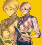  1boy ^_^ animal blonde_hair blue_eyes book closed_eyes closed_mouth collared_shirt ferret glasses hiyamaru holding holding_book holostars kishido_temma looking_at_viewer male_focus mebaru multiple_views open_mouth shirt short_hair simple_background smile standing tail vest virtual_youtuber watch wristwatch yellow_background 