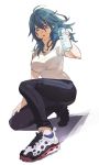  1girl alternate_costume asao_(vc) black_pants blue_eyes blue_hair bottle byleth_(fire_emblem) byleth_(fire_emblem)_(female) fire_emblem fire_emblem:_three_houses full_body holding pants parted_lips shirt shoes short_sleeves simple_background solo water_bottle white_background white_shirt 