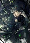  1boy aura black_cape black_headwear black_jacket black_pants cape collared_shirt edmond_dantes_(fate/grand_order) electricity fate/grand_order fate_(series) formal gloves hat jacket long_sleeves looking_at_viewer male_focus medium_hair noes open_mouth pants shirt silver_hair solo suit white_gloves white_shirt wing_collar yellow_eyes 