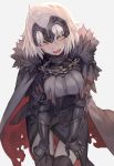  1girl ahoge armor armored_dress bangs blush breasts cape chain coat fate/grand_order fate_(series) fur-trimmed_coat fur_trim gauntlets hands_on_own_knees headpiece highres jeanne_d&#039;arc_(alter)_(fate) jeanne_d&#039;arc_(fate)_(all) lack large_breasts looking_at_viewer open_mouth short_hair silver_hair solo thighhighs tsurime yellow_eyes 