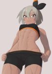  1girl abs absurdres bangs bike_shorts bike_shorts_pull breasts closed_mouth commentary_request eyebrows_visible_through_hair eyelashes grey_eyes grey_hair hair_between_eyes highres looking_at_viewer looking_down midriff muscle muscular_female navel pokemon pokemon_(game) pokemon_swsh putchers saitou_(pokemon) short_hair smile solo 