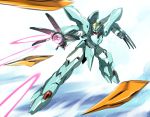  arm_cannon clenched_hand commentary firing funnels green_eyes gundam gundam_build_divers gundam_build_divers_re:rise highres ishiyumi looking_ahead mecha no_humans open_hand original solo weapon 