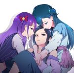  3girls blue_eyes blue_hair bow hair_bow hair_bun healin&#039;_good_precure hug hug_from_behind hugtto!_precure kaguya_madoka long_hair looking_at_viewer multiple_girls negom precure purple_hair red_bow sawaizumi_chiyu simple_background star_twinkle_precure white_background yakushiji_saaya 