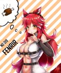  1girl absurdres animal_ears blush breasts character_name cleavage closed_eyes collar fenrir_(last_origin) food hair_between_eyes highres huge_filesize large_breasts last_origin looking_at_viewer meat navel rakkyo_(nebiusu30) red_hair solo tail thought_bubble wolf_ears wolf_girl wolf_tail yellow_eyes 