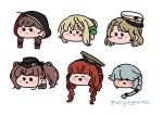  6+girls atlanta_(kantai_collection) bangs blonde_hair blunt_bangs blush braid braided_bangs braided_bun brown_hair closed_eyes closed_mouth de_ruyter_(kantai_collection) earrings eciujegnaro garrison_cap hair_bun hair_over_eyes hair_ribbon hamanami_(kantai_collection) hat headgear hood hood_up houston_(kantai_collection) jewelry kantai_collection long_hair multiple_girls open_mouth perth_(kantai_collection) red_hair ribbon shinshuu_maru_(kantai_collection) short_hair silver_hair simple_background single_braid single_earring star_(symbol) star_earrings twin_braids twitter_username two_side_up white_background 