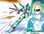  1girl arm_cannon blonde_hair blue_hair clenched_hand commentary dip-dyed_hair firing funnels green_eyes gundam gundam_build_divers gundam_build_divers_re:rise highres ishiyumi looking_ahead mecha no_humans open_hand original smile sunglasses weapon 