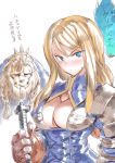  1girl agrias_oaks armor blonde_hair blue_eyes blush braid breasts center_opening character_request cleavage closed_mouth final_fantasy final_fantasy_tactics gloves knight long_hair looking_at_viewer simple_background tukiwani weapon white_background 