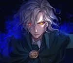  1boy avril214 blue_fire collared_shirt edmond_dantes_(fate/grand_order) fate/grand_order fate_(series) fire formal green_jacket highres jacket looking_at_viewer male_focus medium_hair red_eyes shirt signature silver_hair solo suit upper_body white_shirt wing_collar yellow_eyes 