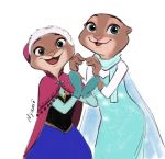  2016 anthro blue_eyes brown_body brown_fur cloak clothing cosplay disney dress duo female frozen_(movie) fur handwear hi_res looking_at_viewer lutrine mammal mittens mustelid nyamo❄︎ open_mouth open_smile princess_anna_(frozen) queen_elsa_(frozen) scarf simple_background smile white_background 
