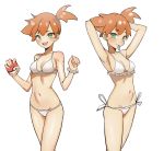  1girl absurdres armpits arms_behind_head arms_up bangs bare_shoulders bikini blush breasts green_eyes gym_leader highres kasumi_(pokemon) kiritzuguart looking_at_viewer mouth_hold multiple_views navel open_mouth orange_hair poke_ball pokemon pokemon_(game) pokemon_rgby side_ponytail simple_background small_breasts smile swimsuit thighs white_background white_bikini 