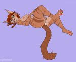  anthro areola auburn_hair blue_eyes bodily_fluids breasts brown_body brown_fur cum cum_in_pussy cum_inside cum_on_feet domestic_cat felid feline felis female fur genital_fluids genitals hi_res kayla_angel laid_down mammal nijiexposed nude paws pussy simple_background smile solo stripes 