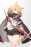  1girl animal_ears arknights bangs black_shorts blonde_hair bow_(weapon) brown_eyes cape commentary cowboy_shot crop_top eyebrows_visible_through_hair fox_ears fox_tail gappt grey_background head_tilt holding holding_bow_(weapon) holding_weapon looking_at_viewer midriff navel shirt short_hair short_shorts shorts solo standing tail thighs vermeil_(arknights) weapon white_shirt 