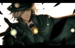  1boy black_gloves cape collared_shirt commentary_request edmond_dantes_(fate/grand_order) fate/grand_order fate_(series) formal gloves green_cape green_headwear green_jacket hat highres jacket kiriya_black long_sleeves looking_at_viewer male_focus medium_hair one_eye_covered shirt silver_hair simple_background smile solo suit upper_body white_background white_shirt wing_collar yellow_eyes 