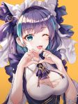  1girl ;d absurdres azur_lane bangs black_hair blue_eyes blue_hair breasts cheshire_(azur_lane) cleavage commentary_request earrings eyebrows_visible_through_hair heart heart_hands helawid highres jewelry large_breasts looking_at_viewer multicolored_hair one_eye_closed open_mouth orange_background simple_background smile solo two-tone_hair upper_body 