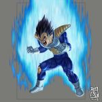  1boy armor aura black_eyes black_hair bodysuit broken broken_armor clenched_hands crack dated dragon_ball dragon_ball_z gloves grey_background ikeda_(cpt) male_focus muscle open_mouth saiyan_armor screaming simple_background solo spiked_hair teeth tight tongue torn_clothes torn_legwear vegeta veins white_footwear white_gloves 