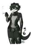  2020 absurd_res anthro black_hair bottomwear bulge cigarette clothing domestic_ferret ear_piercing facial_markings gloves hair handwear head_markings hi_res hotpants kevin_(sneel) male mammal markings mask_(marking) mustela mustelid musteline piercing rubber rubber_suit shorts simple_background sneel solo white_background 