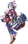  1girl blue_hair blue_kimono breasts cannon fan floral_print full_body japanese_clothes kantai_collection kimono large_breasts machinery mask multicolored_hair official_art print_kimono red_hair sash south_dakota_(kantai_collection) transparent_background yukata zeco 