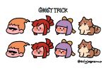  1boy 2girls animal bangs blonde_hair blush copyright_name dog eciujegnaro ghost_trick kanon_(ghost_trick) lynne missile_(ghost_trick) multiple_girls multiple_views open_mouth ponytail purple_hair red_hair short_hair sidelocks simple_background sissel smile sunglasses twitter_username 