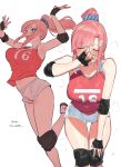  1girl bangs bent_over breasts closed_eyes elbow_pads fingerless_gloves gloves highres jumping knee_pads large_breasts multiple_views original pink_hair ponytail purple_eyes sportswear suisogenshi tied_hair volleyball_uniform 