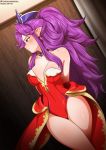  1girl angela_(seiken_densetsu_3) arms_behind_back artist_name bare_shoulders blush breasts choker cleavage collarbone cowboy_shot crossed_legs dutch_angle earrings facing_away green_eyes groin high_ponytail indoors jewelry large_breasts leotard long_hair neocoill pointy_ears ponytail purple_choker purple_hair red_leotard seiken_densetsu seiken_densetsu_3 solo strapless strapless_leotard thighs watermark web_address 
