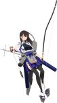  1girl black_legwear blue_hakama bow_(weapon) brown_eyes brown_gloves brown_hair eyebrows_visible_through_hair flight_deck full_body gloves hair_between_eyes hakama hakama_skirt highres holding holding_bow_(weapon) holding_weapon japanese_clothes kaga_(kantai_collection) kantai_collection long_hair muneate official_art partly_fingerless_gloves remodel_(kantai_collection) shibafu_(glock23) solo tasuki thighhighs transparent_background weapon yugake yumi_(bow) zouri 