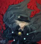  1boy aura black_cape black_headwear black_jacket cape collared_shirt commentary_request edmond_dantes_(fate/grand_order) electricity fate/grand_order fate_(series) formal gloves hat jacket light_smile long_sleeves looking_at_viewer male_focus medium_hair neko_k456 one_eye_covered parted_lips red_background shirt silver_hair simple_background smile solo suit upper_body white_gloves white_shirt wing_collar yellow_eyes 