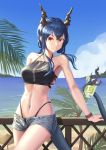  1girl absurdres argus_(argus86998927) arknights bangs bare_arms bare_shoulders beach bikini black_bikini blue_hair blue_sky breasts ch&#039;en_(arknights) chinese_commentary cloud commentary_request cowboy_shot day dragon_horns dragon_tail grey_shorts halterneck highleg highleg_bikini highres horns long_hair looking_at_viewer medium_breasts navel ocean open_fly railing red_eyes short_shorts shorts sky solo standing stomach swimsuit tail tail_hold thighs water 
