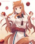  1girl :d animal_ears apple blush breasts cowboy_shot dress food fruit gradient gradient_background grin highres holo layered_sleeves long_hair long_sleeves looking_at_viewer numbers_(boars) open_mouth orange_background orange_hair pouch red_eyes sash sidelocks sleeves_past_wrists small_breasts smile solo spice_and_wolf straight_hair tail teeth twitter_username very_long_hair white_dress wolf_ears wolf_girl wolf_tail 