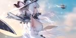  1girl aircraft artist_name azur_lane bare_shoulders blue_eyes breasts cleavage dress elbow_gloves from_side gloves hat highres illustrious_(azur_lane) large_breasts long_hair looking_to_the_side see-through solo sun_hat swd3e2 swordfish_(airplane) very_long_hair white_dress white_gloves white_hair white_headwear 