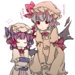  2girls bat_wings blue_hair book bow bowtie closed_eyes collared_dress commentary_request crescent crescent_moon_pin dress flying_sweatdrops hair_bow hat hat_bow hat_ribbon highres holding holding_book leaning_forward long_sleeves mob_cap multiple_girls patchouli_knowledge purple_bow purple_hair red_bow red_eyes remilia_scarlet ribbon sato_imo short_hair star_pin striped striped_dress sweatdrop touhou translation_request white_background wings younger 