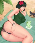  1girl absurdres arm_support artist_name ass bangs bare_shoulders beach beach_towel black_panties bracelet breasts cameltoe commentary covered_nipples dress drink drinking_straw flower fubuki_(one-punch_man) green_dress green_eyes green_hair green_towel hair_flower hair_ornament hand_on_own_thigh hat hat_removed headwear_removed hibiscus highres jewelry large_breasts looking_at_viewer lying on_side one-punch_man palm_leaf panties pussy shellvi short_hair sleeveless sleeveless_dress smile solo spread_pussy straw_hat sun_hat thick_thighs thighs towel underwear 