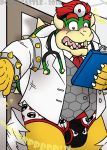  anthro blush bottomless bottomwear bowser briefs bulge bullet_bill claws clipboard clothed clothing doctor dr._bowser embarrasing embarrassed eyebrows hair hi_res horn koopa male mario_bros medical_instrument necktie nintendo open_maw open_mouth pants polkscastle red_eyes red_hair reptile scalie scientific_instrument shell solo spiked_shell spikes spikes_(anatomy) stethoscope thick_eyebrows topwear torn_bottomwear torn_clothing torn_pants underwear vest video_games yellow_body 