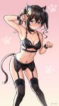  1girl :o animal_ears arm_up armpits bangs bare_shoulders black_bra black_choker black_hairband black_legwear black_panties blush bra breasts brown_eyes cat_ears cat_tail choker cleavage collarbone commentary_request fake_animal_ears fake_tail feet_out_of_frame garter_belt gradient gradient_background hair_between_eyes hair_ornament hairband hairclip highres idolmaster idolmaster_cinderella_girls long_hair mole mole_under_eye navel nose_blush panties parted_lips paw_background paw_pose pink_background short_twintails signature small_breasts solo standing stomach su77sty sunazuka_akira tail thighhighs twintails underwear underwear_only wristband 
