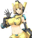  1girl :d absurdres armor armpit_crease bangs black_gloves blush breasts brown_eyes brown_hair commentary_request cosmic_break covered_collarbone cowboy_shot crop_top detached_sleeves eyebrows_visible_through_hair gloves groin halcon headgear heart highres large_breasts looking_at_viewer mecha_musume midriff navel open_mouth rei_(cosmic_break) shirt short_hair shorts sidelocks simple_background sleeveless sleeveless_shirt smile solo standing waving white_background yellow_shirt yellow_shorts 