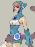  1girl animal_ears animal_hood blue_eyes breasts breath_of_fire breath_of_fire_v cat_ears cat_hood closed_mouth dress gloves highres hood lin_(breath_of_fire) looking_at_viewer orange_hair short_hair simple_background solo tail thighhighs 