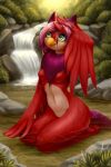  anthro avian beak bird bloominglynx breasts feathers featureless_breasts female green_eyes hair hi_res lily_(lilybird) navel non-mammal_breasts nude outside partially_submerged purple_hair red_body red_feathers solo 