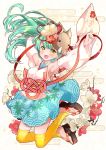  1girl :d animal_on_head aqua_hair artist_name blue_skirt boar breasts detached_sleeves egasumi floral_print flower hair_flower hair_ornament japanese_clothes jumping kawanobe kimono leaf_print new_year on_head open_mouth original personification red_ribbon reiwa ribbon simple_background skirt small_breasts smile thighhighs white_background yellow_eyes yellow_legwear 