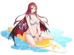  1girl bare_arms bare_shoulders between_legs bikini black_choker breasts caustics choker cleavage epis hairband halterneck king&#039;s_raid long_hair looking_at_viewer medium_breasts multi-strapped_bikini navel o-ring o-ring_bikini official_art red_eyes red_hair smile solo stomach surfboard swimsuit thigh_strap thighs transparent_background water white_bikini wristband 