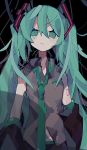  1girl closed_mouth collared_shirt commentary_request crying crying_with_eyes_open detached_sleeves eyebrows_visible_through_hair glitch green_eyes green_hair green_neckwear grey_shirt hatsune_miku highres long_hair mamimu_(ko_cha_22) necktie shirt shoulder_tattoo sleeveless sleeveless_shirt solo tattoo tears twintails upper_body very_long_hair vocaloid 