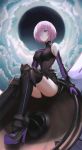  1girl absurdres armored_leotard black_gloves black_legwear black_leotard breasts breasts_apart elbow_gloves eyebrows_visible_through_hair fate/grand_order fate_(series) from_below gloves hair_over_one_eye highres leotard mash_kyrielight medium_breasts pink_hair purple_eyes purple_gloves shiny shiny_hair short_hair sitting solo thighhighs two-tone_gloves xeonomi 
